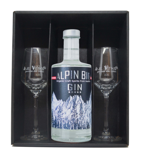 Geschenkbox mit Alpin Bio Gin 350ml, gebrannt 45% & 2 Gläsern - Kopie